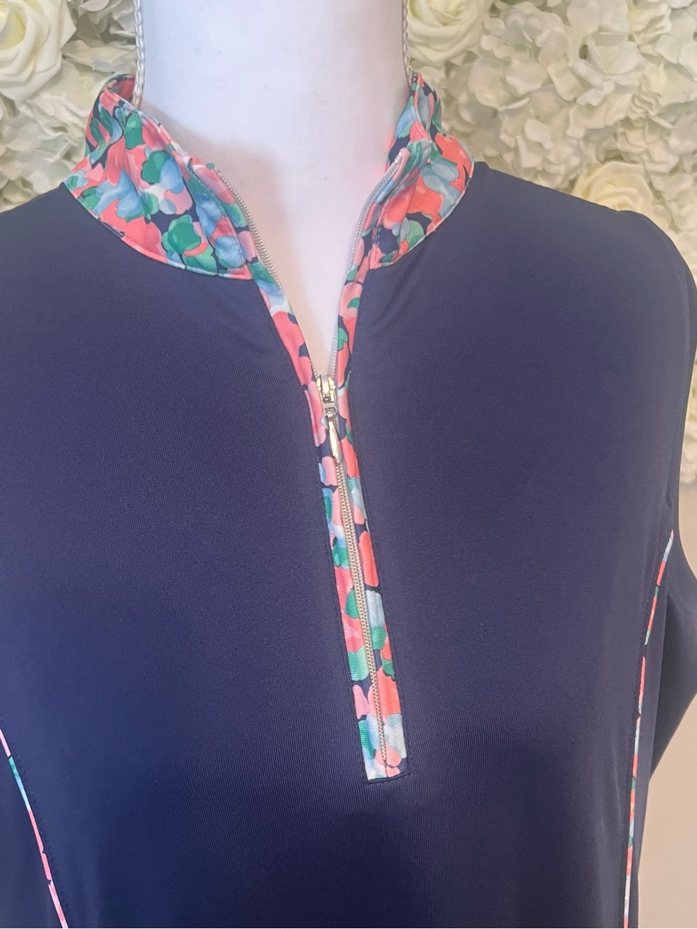 Pebble Beach Navy Sleeveless Dress with Coral & Teal Floral Trim - Picture 5 of 9